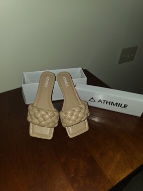Athmile Braided Square Open Toe Slide Sandals Beige